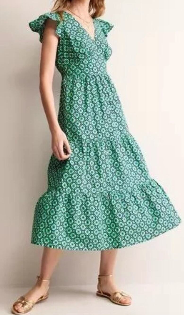 Boden May Tiered Short Ruffle Cap Sleeve Geo Print Poplin Midi Dress Green 4 P